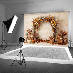 Aperturee - Aperturee Vibrant Autumn Harvest Photography Backdrop with Sunflowers Pumpkins and Rustic Fall Arch Decor for Seasonal Portraits