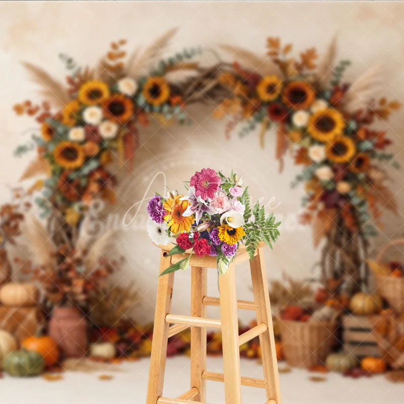 Aperturee - Aperturee Vibrant Autumn Harvest Photography Backdrop with Sunflowers Pumpkins and Rustic Fall Arch Decor for Seasonal Portraits
