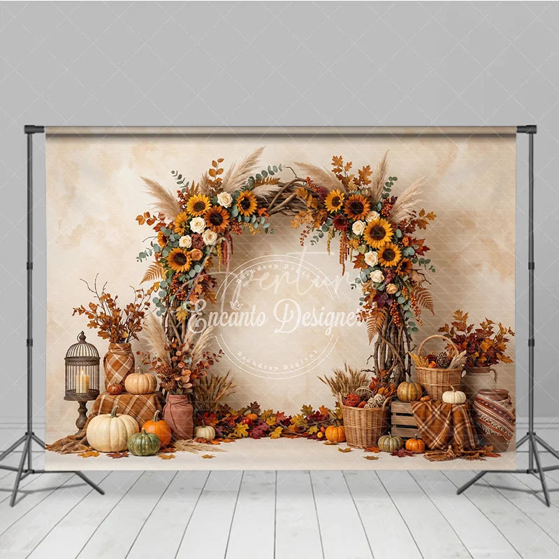 Aperturee - Aperturee Vibrant Autumn Harvest Photography Backdrop with Sunflowers Pumpkins and Rustic Fall Arch Decor for Seasonal Portraits