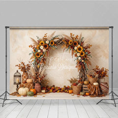 Aperturee - Aperturee Vibrant Autumn Harvest Photography Backdrop with Sunflowers Pumpkins and Rustic Fall Arch Decor for Seasonal Portraits