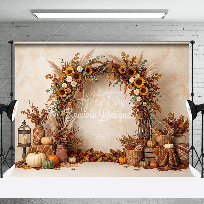 Aperturee - Aperturee Vibrant Autumn Harvest Photography Backdrop with Sunflowers Pumpkins and Rustic Fall Arch Decor for Seasonal Portraits
