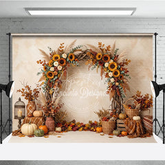 Aperturee - Aperturee Vibrant Autumn Harvest Photography Backdrop with Sunflowers Pumpkins and Rustic Fall Arch Decor for Seasonal Portraits