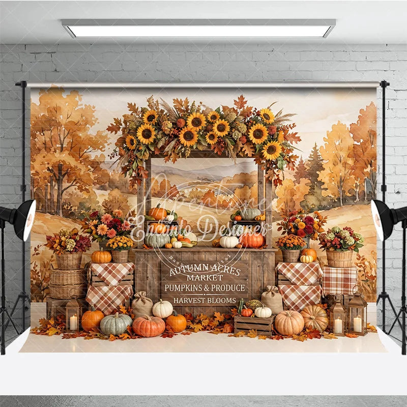 Aperturee - Aperturee Vibrant Autumn Market Stall Photography Backdrop with Sunflowers and Pumpkins Rustic Fall Harvest Festival Decor