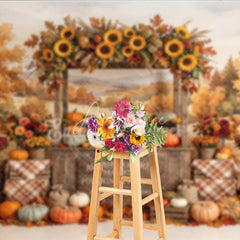 Aperturee - Aperturee Vibrant Autumn Market Stall Photography Backdrop with Sunflowers and Pumpkins Rustic Fall Harvest Festival Decor