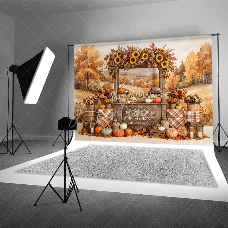 Aperturee - Aperturee Vibrant Autumn Market Stall Photography Backdrop with Sunflowers and Pumpkins Rustic Fall Harvest Festival Decor