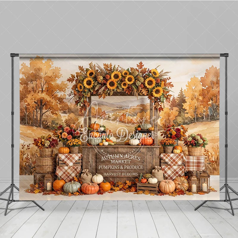 Aperturee - Aperturee Vibrant Autumn Market Stall Photography Backdrop with Sunflowers and Pumpkins Rustic Fall Harvest Festival Decor