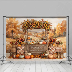 Aperturee - Aperturee Vibrant Autumn Market Stall Photography Backdrop with Sunflowers and Pumpkins Rustic Fall Harvest Festival Decor