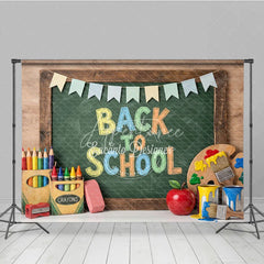 Aperturee - Aperturee Vibrant Back to School Chalkboard Photography Backdrop featuring Colorful Art Supplies and Festive Pennant Banners