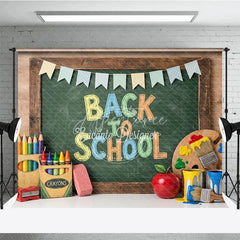 Aperturee - Aperturee Vibrant Back to School Chalkboard Photography Backdrop featuring Colorful Art Supplies and Festive Pennant Banners