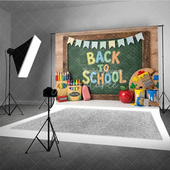 Aperturee - Aperturee Vibrant Back to School Chalkboard Photography Backdrop featuring Colorful Art Supplies and Festive Pennant Banners