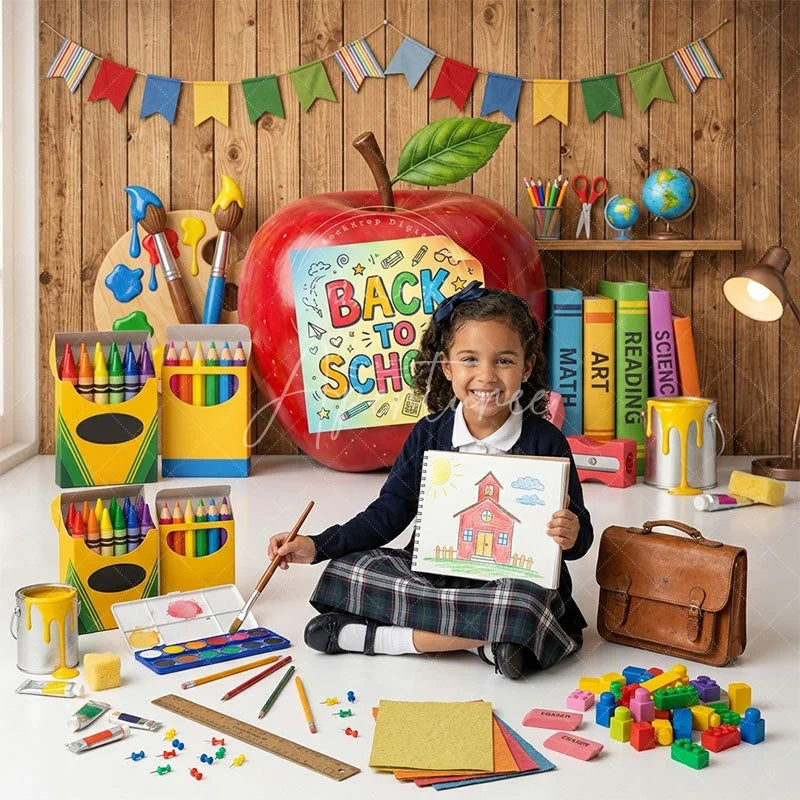 Aperturee - Aperturee Vibrant Back to School Combo Set Backdrop with Red Apple Classroom Supplies and Bunting Flags Decor