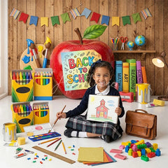 Aperturee - Aperturee Vibrant Back to School Combo Set Backdrop with Red Apple Classroom Supplies and Bunting Flags Decor
