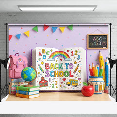 Aperturee - Aperturee Vibrant Back to School Photography Backdrop featuring a Colorful Open Book with Rainbow and School Supplies