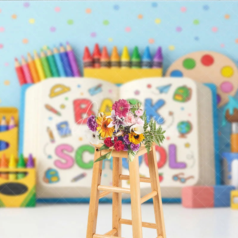 Aperturee - Aperturee Vibrant Back to School Photography Backdrop featuring Rainbow Pencils Crayons and Art Supplies for Kids