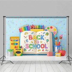 Aperturee - Aperturee Vibrant Back to School Photography Backdrop featuring Rainbow Pencils Crayons and Art Supplies for Kids