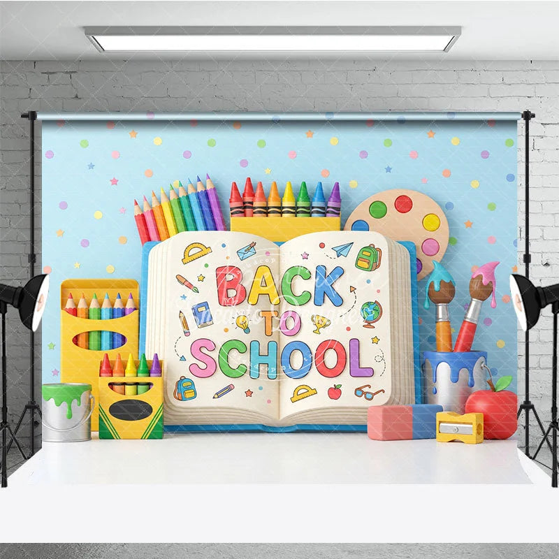 Aperturee - Aperturee Vibrant Back to School Photography Backdrop featuring Rainbow Pencils Crayons and Art Supplies for Kids