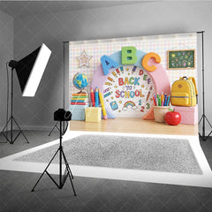 Aperturee - Aperturee Vibrant Back to School Photography Backdrop with ABC Letters Colorful Pencils and Classroom Elements