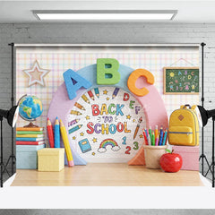 Aperturee - Aperturee Vibrant Back to School Photography Backdrop with ABC Letters Colorful Pencils and Classroom Elements