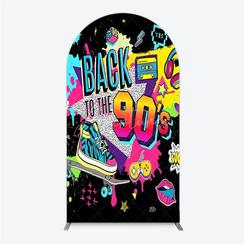 Aperturee - Aperturee Vibrant Back to the 90s Arch Backdrop Retro Skateboard and Cassette Tape Party Decor