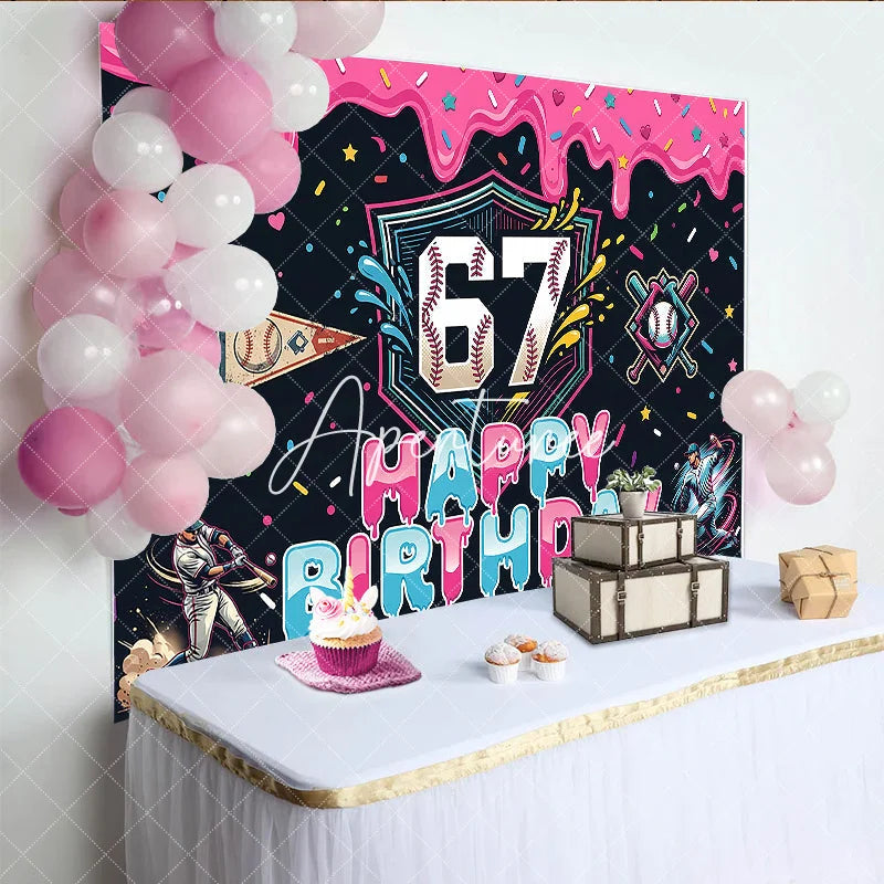 Aperturee - Aperturee Vibrant Baseball 7th Birthday Backdrop with Pink Dripping Icing and Sprinkles Sporty Party Decor
