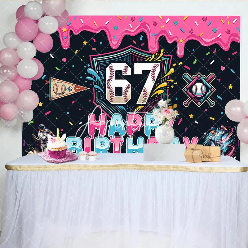 Aperturee - Aperturee Vibrant Baseball 7th Birthday Backdrop with Pink Dripping Icing and Sprinkles Sporty Party Decor