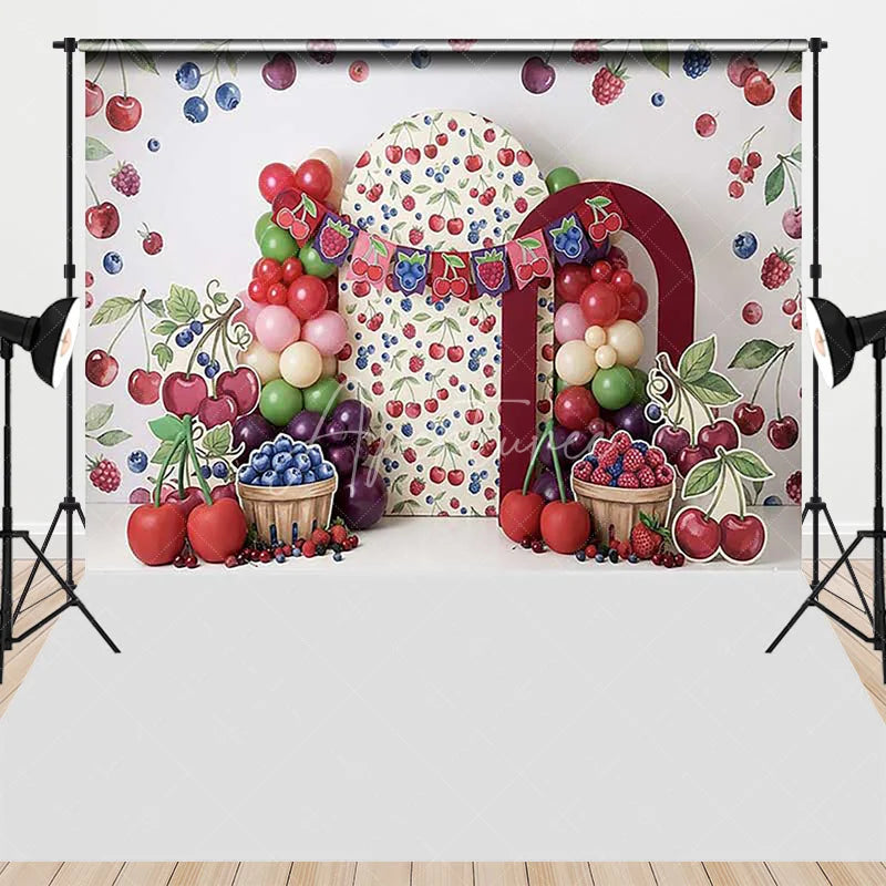 Aperturee - Aperturee Vibrant Berry Theme Combo Set Backdrop with Arch Props and Balloon Garland Perfect for Birthday Party Decor
