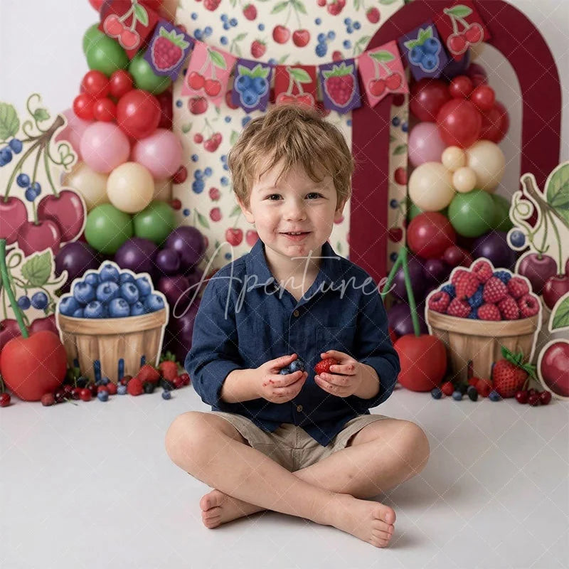 Aperturee - Aperturee Vibrant Berry Theme Combo Set Backdrop with Arch Props and Balloon Garland Perfect for Birthday Party Decor