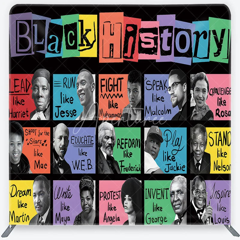 Aperturee - Aperturee Vibrant Black History Square Double-Sided Backdrop featuring iconic figures and inspirational phrases for educational