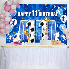 Aperturee - Aperturee Vibrant Blue and Gold Soccer Theme 11th Birthday Backdrop with Goal Trophy and Balloons Sports Party Decor