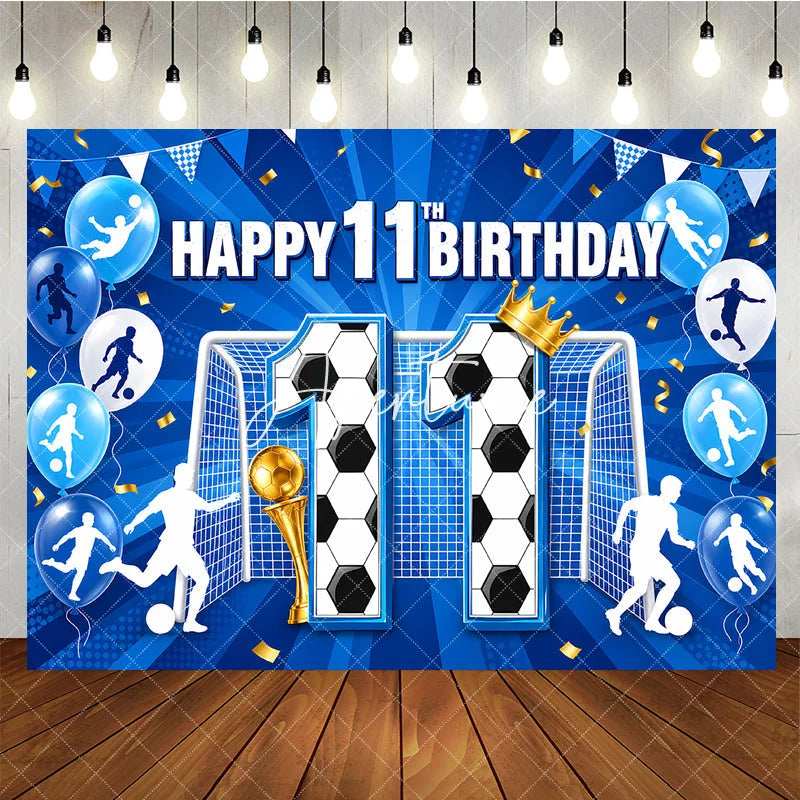 Aperturee - Aperturee Vibrant Blue and Gold Soccer Theme 11th Birthday Backdrop with Goal Trophy and Balloons Sports Party Decor