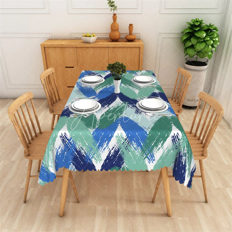 Aperturee - Aperturee Vibrant Blue and Green Brushstroke Chevron Rectangle Tablecloth Modern Abstract Pattern for Dining Decor