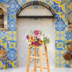 Aperturee - Aperturee Vibrant Blue and Yellow Mediterranean Tile Photography Backdrop Rustic European Kitchen Patio Decor