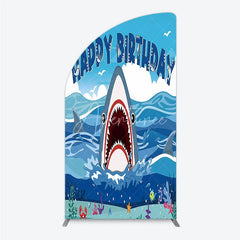Aperturee - Aperturee Vibrant Blue Ocean Shark Happy Birthday Half Moon Arch Backdrop Kit Under the Sea Adventure Party Decor for Kids