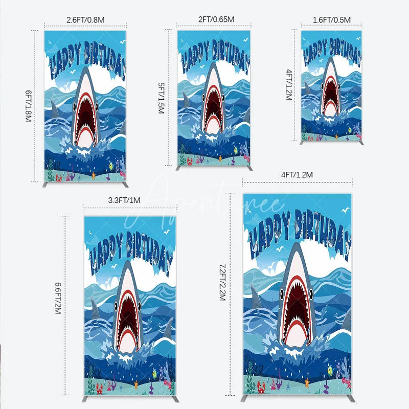 Aperturee - Aperturee Vibrant Blue Ocean Shark Happy Birthday Rectangle Backdrop Kit Under the Sea Adventure Party Decor for Kids