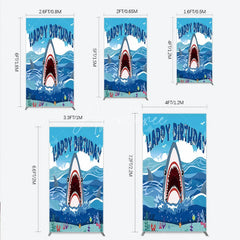Aperturee - Aperturee Vibrant Blue Ocean Shark Happy Birthday Rectangle Backdrop Kit Under the Sea Adventure Party Decor for Kids