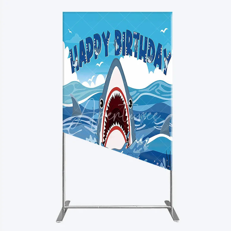 Aperturee - Aperturee Vibrant Blue Ocean Shark Happy Birthday Rectangle Backdrop Kit Under the Sea Adventure Party Decor for Kids