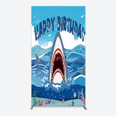 Aperturee - Aperturee Vibrant Blue Ocean Shark Happy Birthday Rectangle Backdrop Kit Under the Sea Adventure Party Decor for Kids