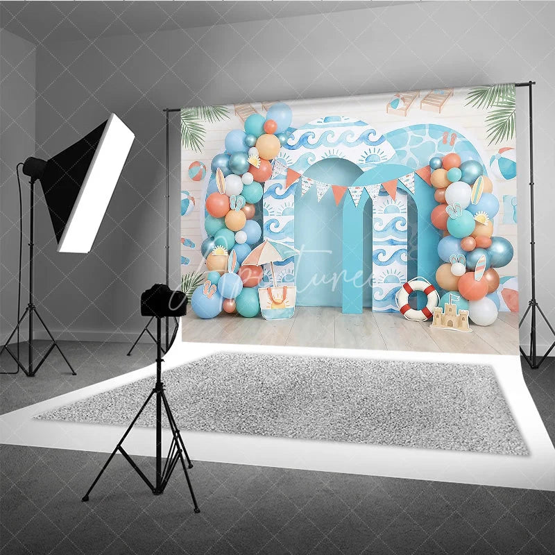 Aperturee - Aperturee Vibrant Blue Ocean Waves and Summer Beach Photography Backdrop featuring Colorful Balloons and Sandcastle Decor