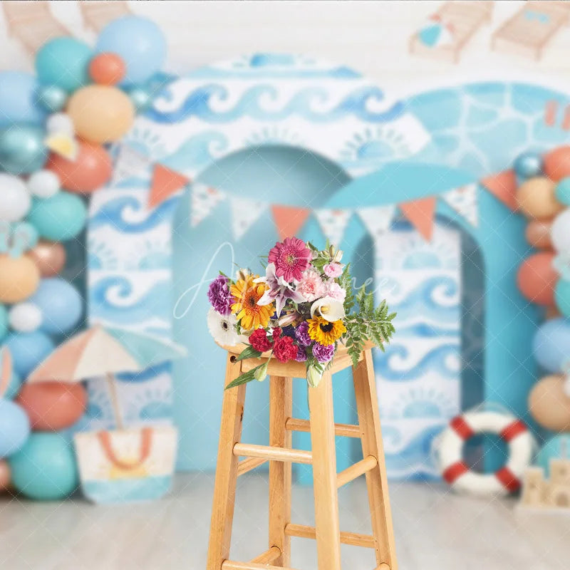 Aperturee - Aperturee Vibrant Blue Ocean Waves and Summer Beach Photography Backdrop featuring Colorful Balloons and Sandcastle Decor