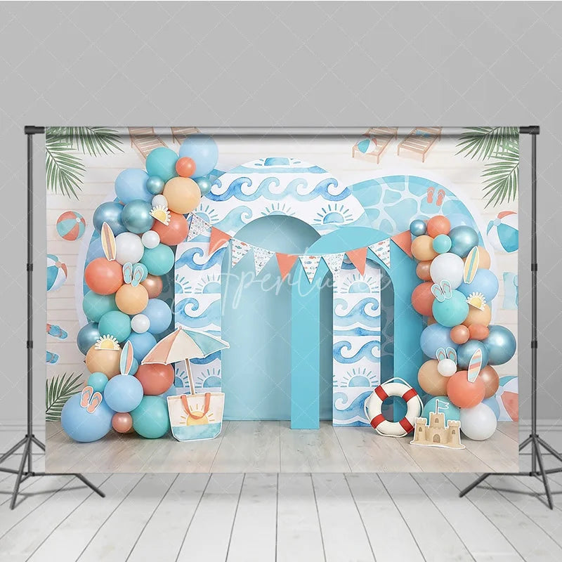 Aperturee - Aperturee Vibrant Blue Ocean Waves and Summer Beach Photography Backdrop featuring Colorful Balloons and Sandcastle Decor