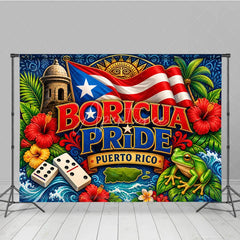 Aperturee - Aperturee Vibrant Boricua Pride Puerto Rico Flag Holiday Backdrop with El Morro Coqui Frog and Tropical Flowers