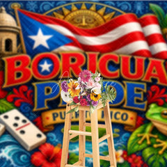 Aperturee - Aperturee Vibrant Boricua Pride Puerto Rico Flag Holiday Backdrop with El Morro Coqui Frog and Tropical Flowers