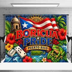 Aperturee - Aperturee Vibrant Boricua Pride Puerto Rico Flag Holiday Backdrop with El Morro Coqui Frog and Tropical Flowers