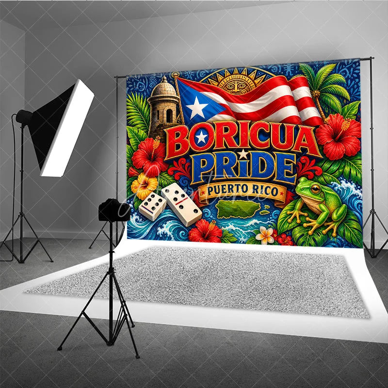 Aperturee - Aperturee Vibrant Boricua Pride Puerto Rico Flag Holiday Backdrop with El Morro Coqui Frog and Tropical Flowers