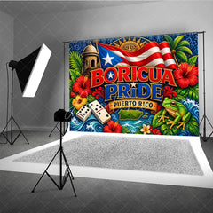 Aperturee - Aperturee Vibrant Boricua Pride Puerto Rico Flag Holiday Backdrop with El Morro Coqui Frog and Tropical Flowers