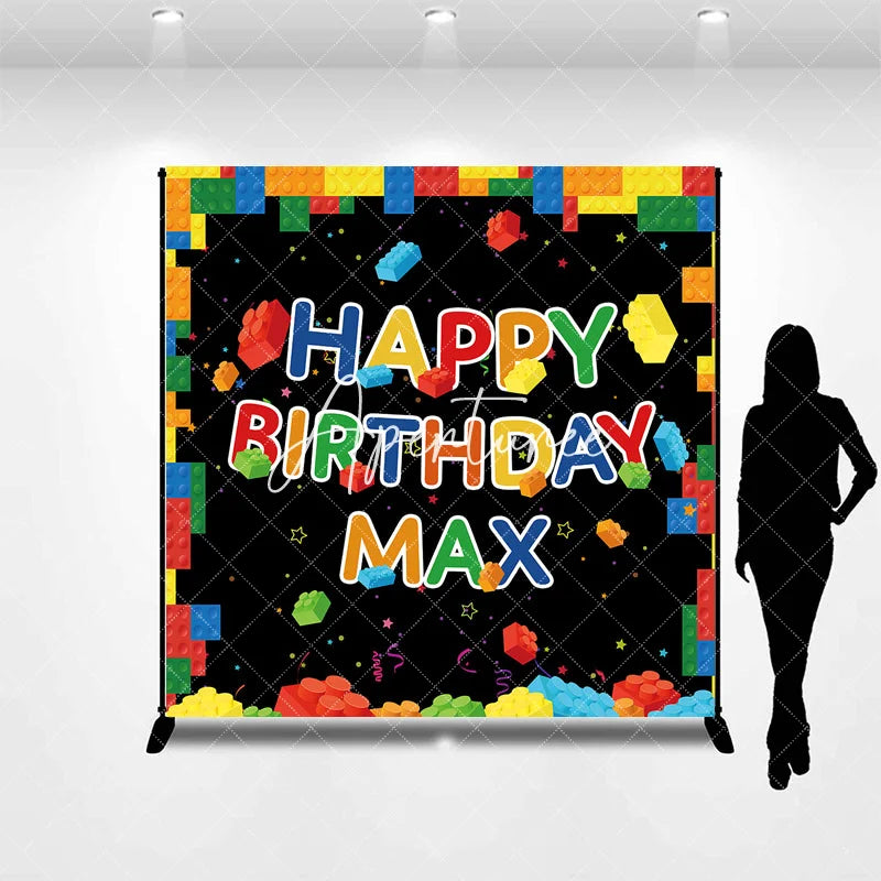 Aperturee - Aperturee Vibrant Building Blocks Happy Birthday Personalized Custom Backdrop Kids Party Decoration for Boys and Girls