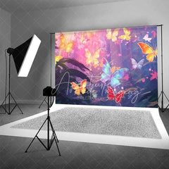 Aperturee - Aperturee Vibrant Butterfly Forest Backdrop Dreamy Pink Purple Photography Background for Kids Birthday Party Baby Shower