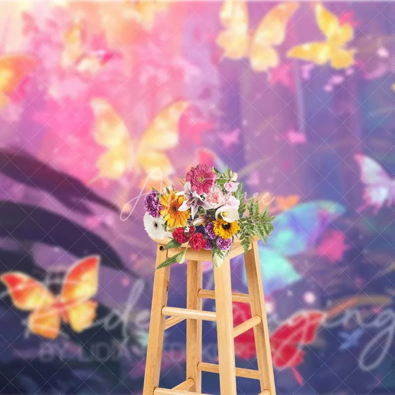 Aperturee - Aperturee Vibrant Butterfly Forest Backdrop Dreamy Pink Purple Photography Background for Kids Birthday Party Baby Shower