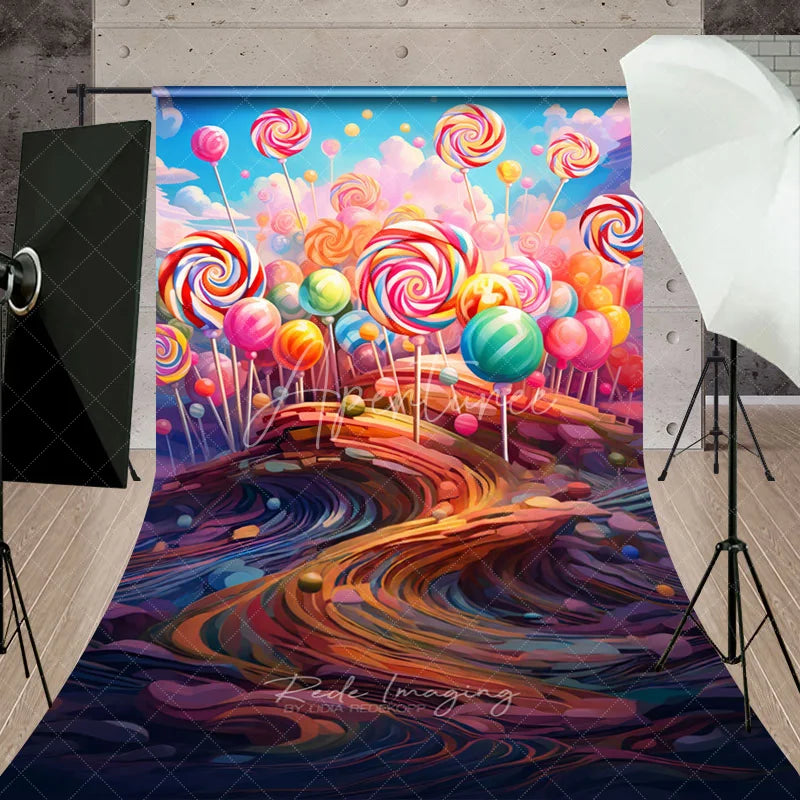 Aperturee - Aperturee Vibrant Candy Land Sweep Backdrop with Colorful Lollipops Whimsical Sweet Dreamscape for Kids Birthday Party