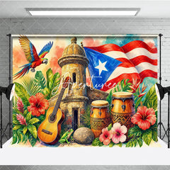Aperturee - Aperturee Vibrant Caribbean Tropical Holiday Backdrop with Red White Blue Flag Historic Stone Tower and Musical Instruments